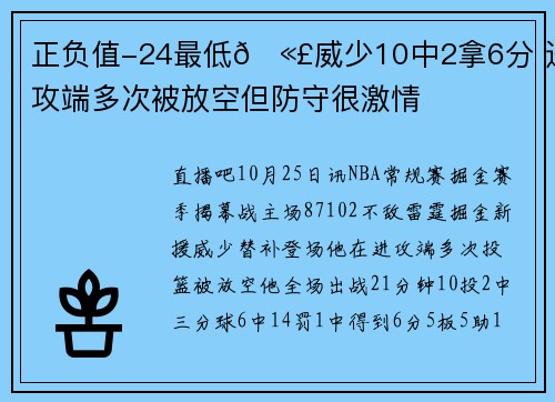 正负值-24最低🫣威少10中2拿6分 进攻端多次被放空但防守很激情